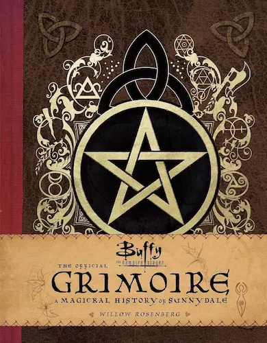 The Official Grimoire's embossed brown cover, with a pentagram and the title on a parchment banner