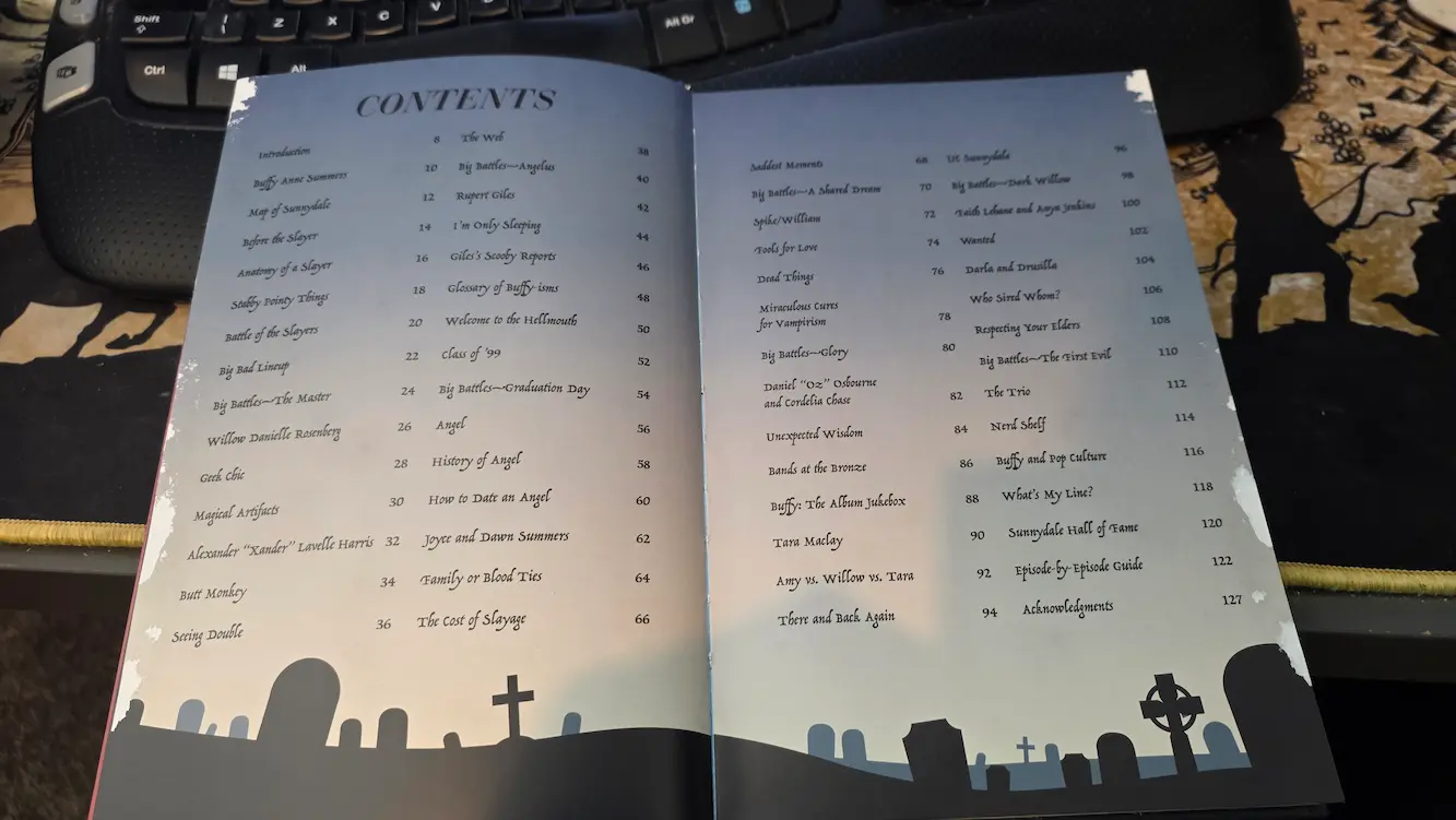 The table of contents at the front of the Slayer Stats book