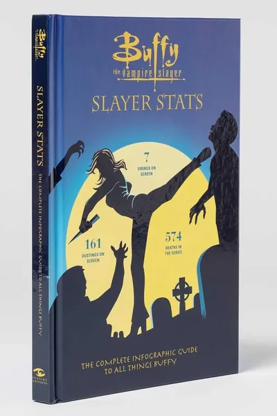 The Slayer Stats hardback, with its cover silhouette of the Slayer kicking a vampire in front of a full moon