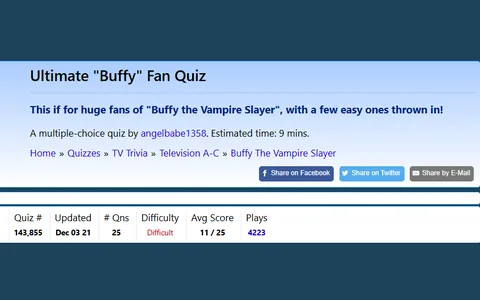 FunTrivia's Ultimate Buffy Fan Quiz page, showing 25 questions, a Difficult rating and an average score of 11 out of 25
