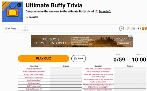Sporcle's Ultimate Buffy Trivia quiz page, showing the 0/59 score, the 10-minute timer and the first questions